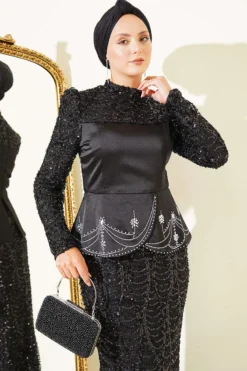 Alternative view of Sequin Satin Corset Detail Evening Dress Black