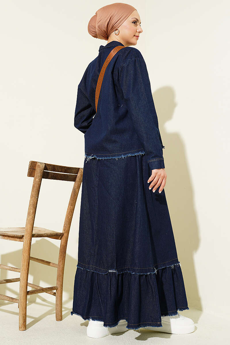 Fringed Detail Denim Two-Piece Set Navy Blue - Image 3