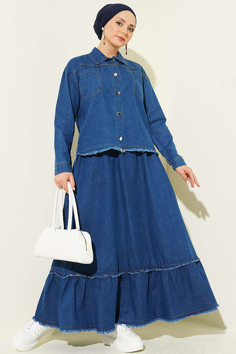 Fringed Detail Denim Two-Piece Set Blue