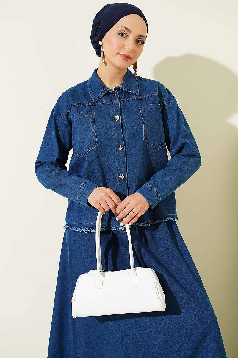 Fringed Detail Denim Two-Piece Set Blue - immagine 2