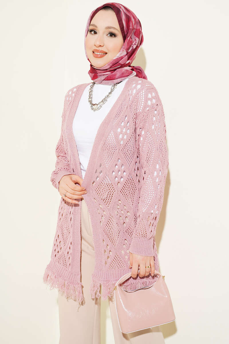 Fringed Diamond Pattern Openwork Cardigan Rose Dust
