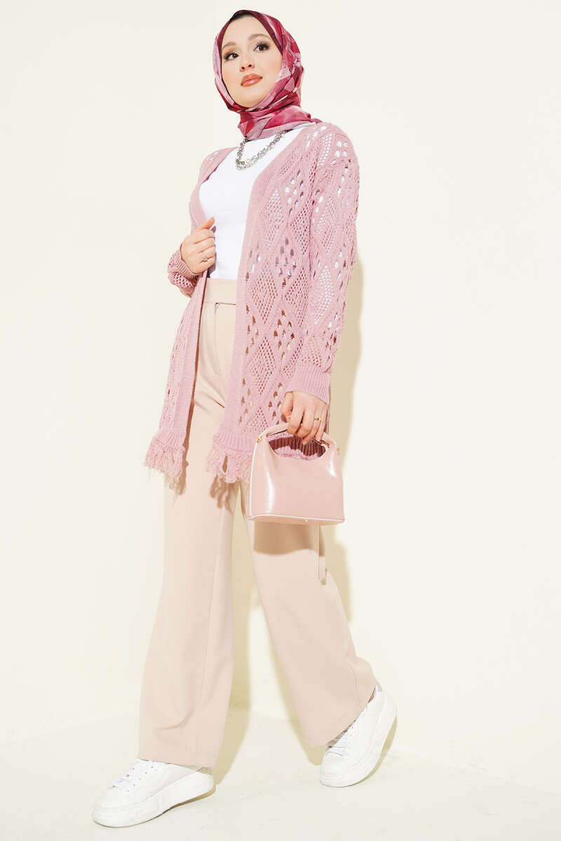 Fringed Diamond Pattern Openwork Cardigan Rose Dust - الصورة 2