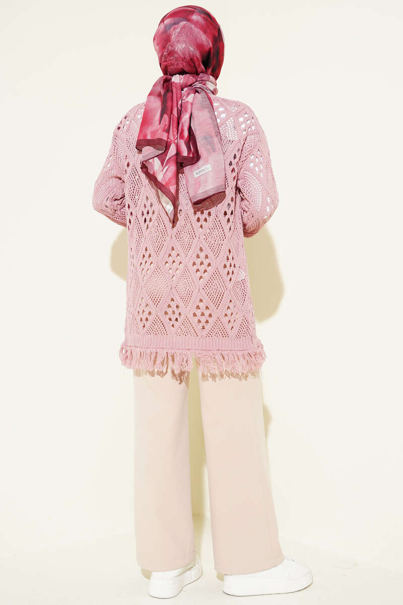 Fringed Diamond Pattern Openwork Cardigan Rose Dust - الصورة 3