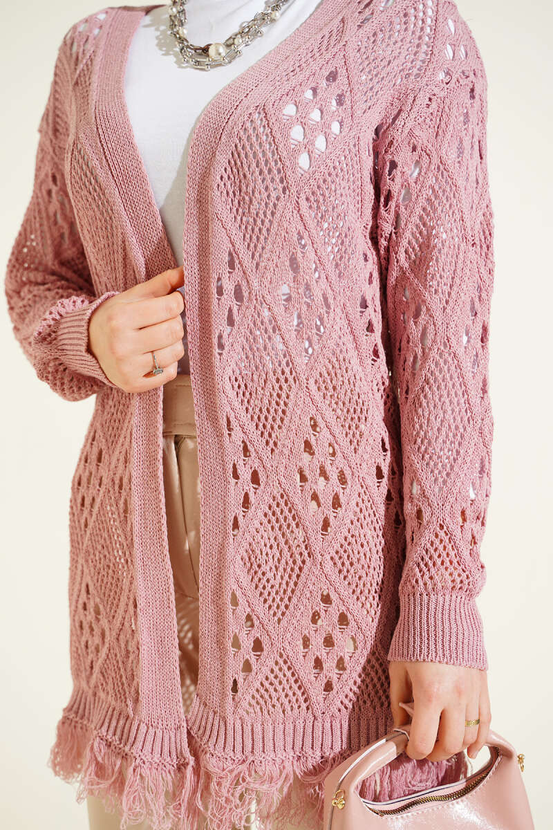 Fringed Diamond Pattern Openwork Cardigan Rose Dust - الصورة 4