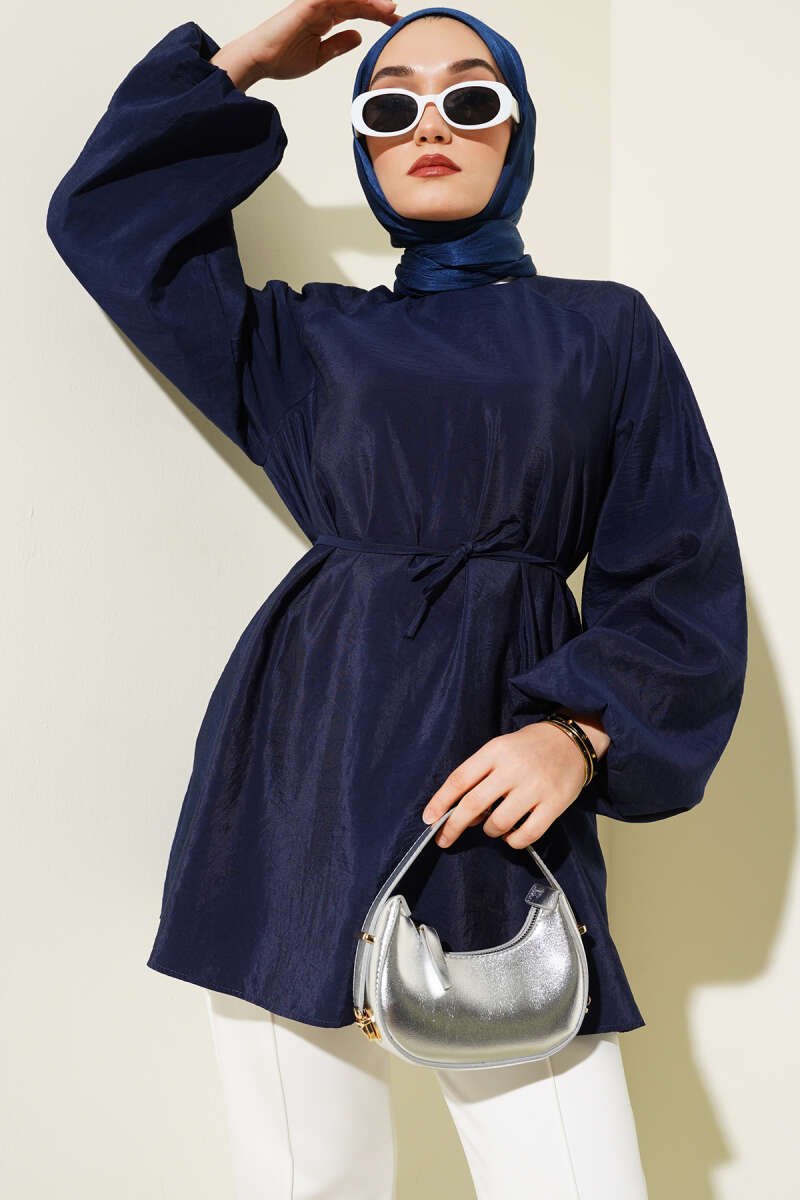 Balloon Sleeve Tie Waist Tunic Navy Blue
