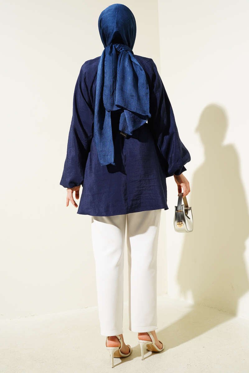 Balloon Sleeve Tie Waist Tunic Navy Blue - Imagen 3