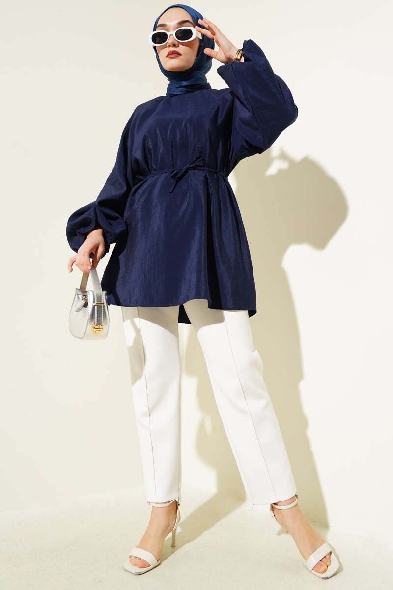 Balloon Sleeve Tie Waist Tunic Navy Blue - Imagen 2