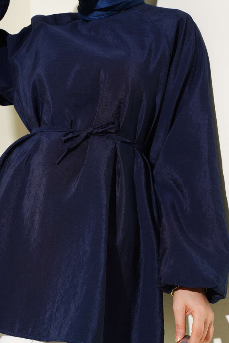Balloon Sleeve Tie Waist Tunic Navy Blue - Imagen 4