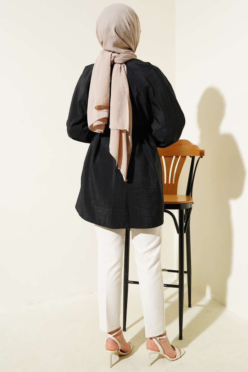 Balloon Sleeve Tie Waist Tunic Black – Image 3