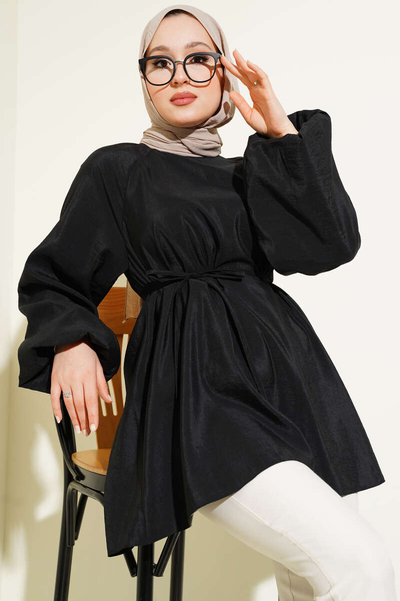 Balloon Sleeve Tie Waist Tunic Black – Image 2