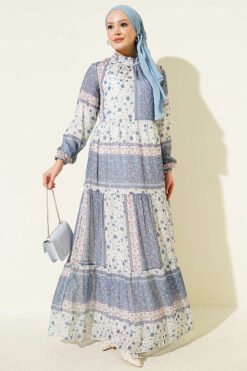 Retro Floral Print Chiffon Dress Navy Blue