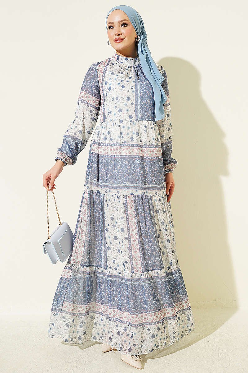 Retro Floral Print Chiffon Dress Navy Blue