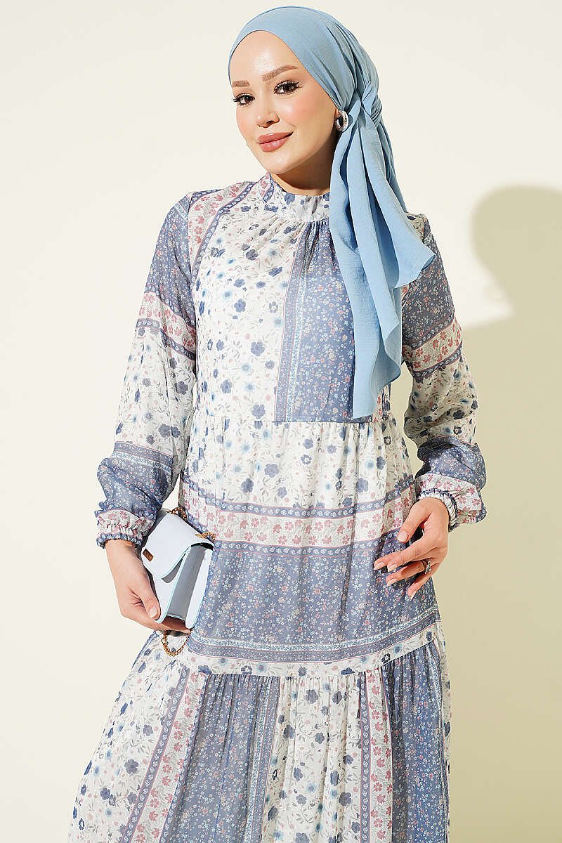 Retro Floral Print Chiffon Dress Navy Blue - Image 2