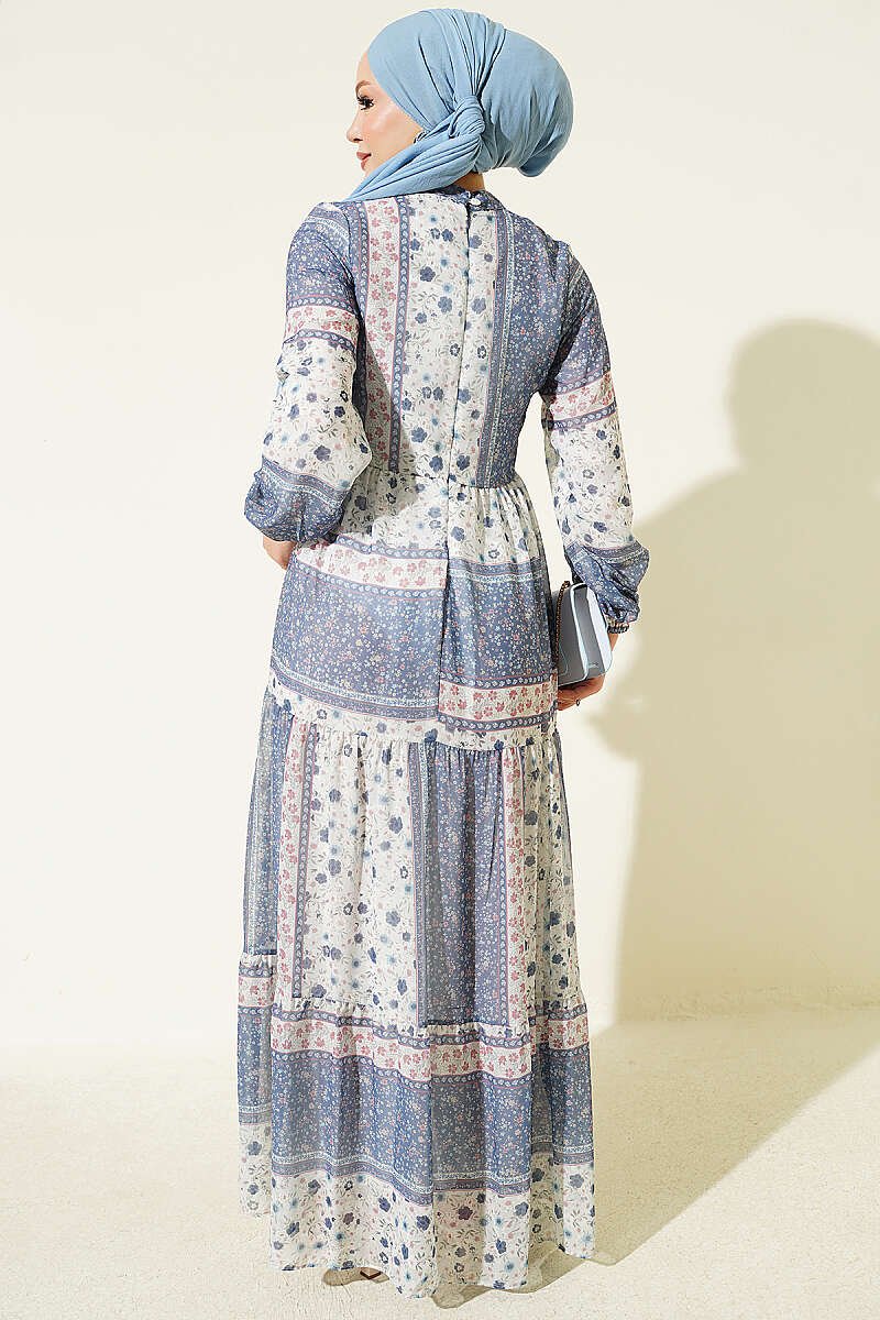 Retro Floral Print Chiffon Dress Navy Blue - Image 3