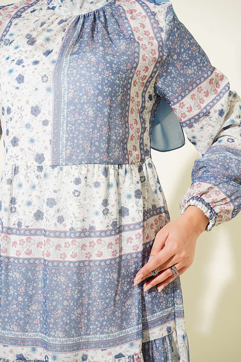Retro Floral Print Chiffon Dress Navy Blue - Image 4