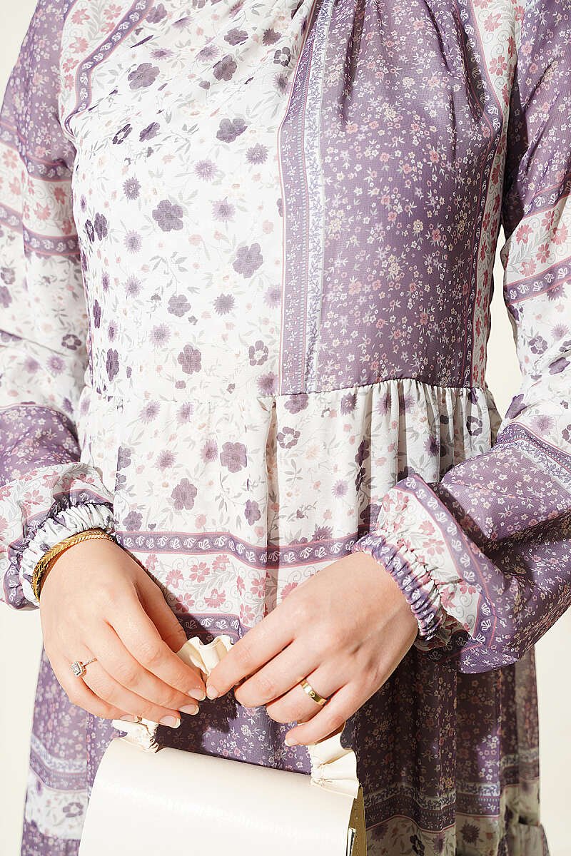 Retro Floral Print Chiffon Dress Lilac - Image 4
