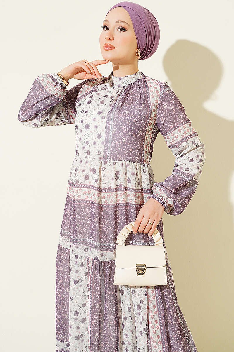 Retro Floral Print Chiffon Dress Lilac - Image 2