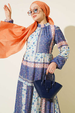 Alternative view of Retro Floral Print Chiffon Dress Blue