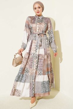 Retro Print Full-Length Button-Up Dress Beige