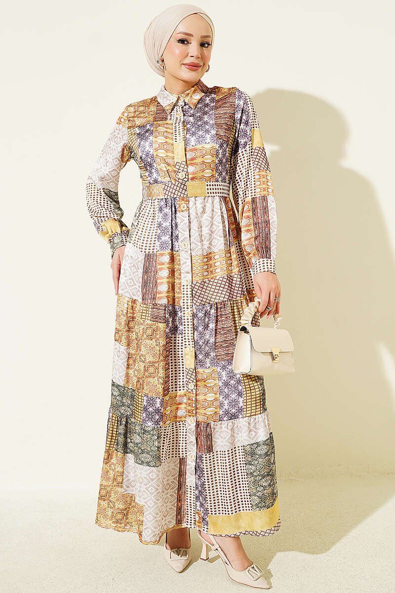 Retro Print Full-Length Button-Up Dress Oil Green