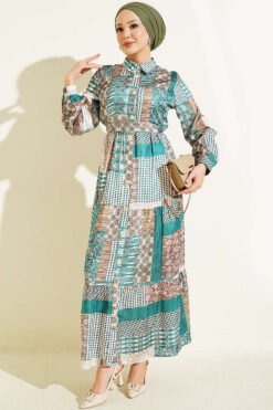 Retro Print Full-Length Button-Up Dress Green