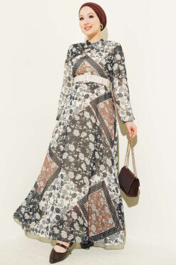 Retro Patterned Chiffon Dress Brown