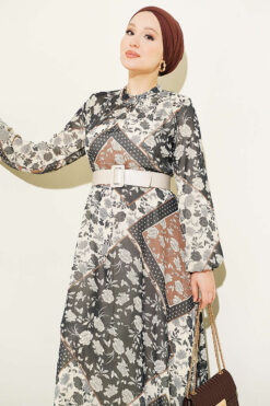 Alternative view of Retro Patterned Chiffon Dress Brown