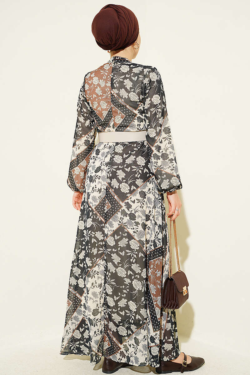 Retro Patterned Chiffon Dress Brown - immagine 3