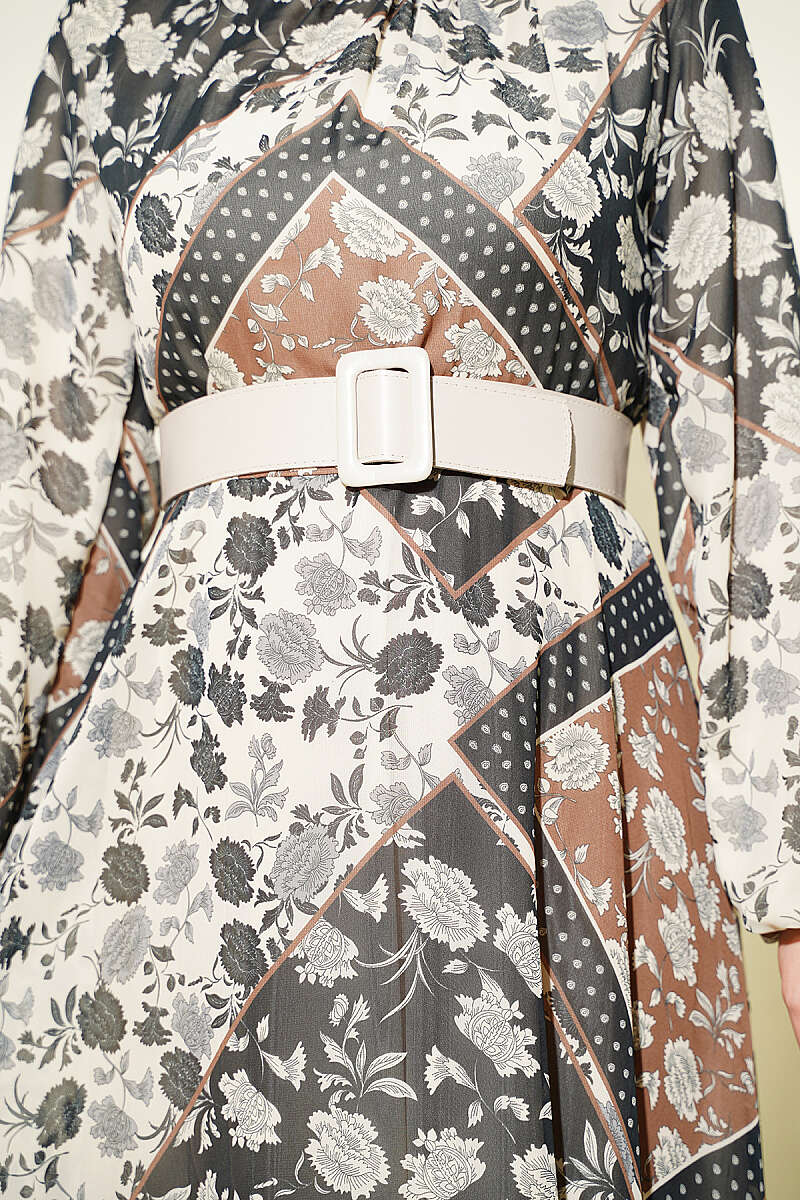 Retro Patterned Chiffon Dress Brown - immagine 4