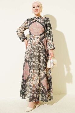 Retro Patterned Chiffon Dress Powder Pink