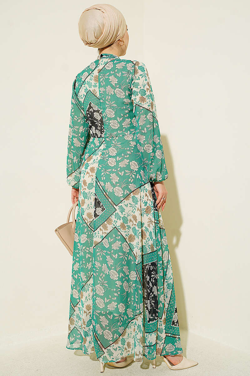 Retro Patterned Chiffon Dress Green – Bild 3