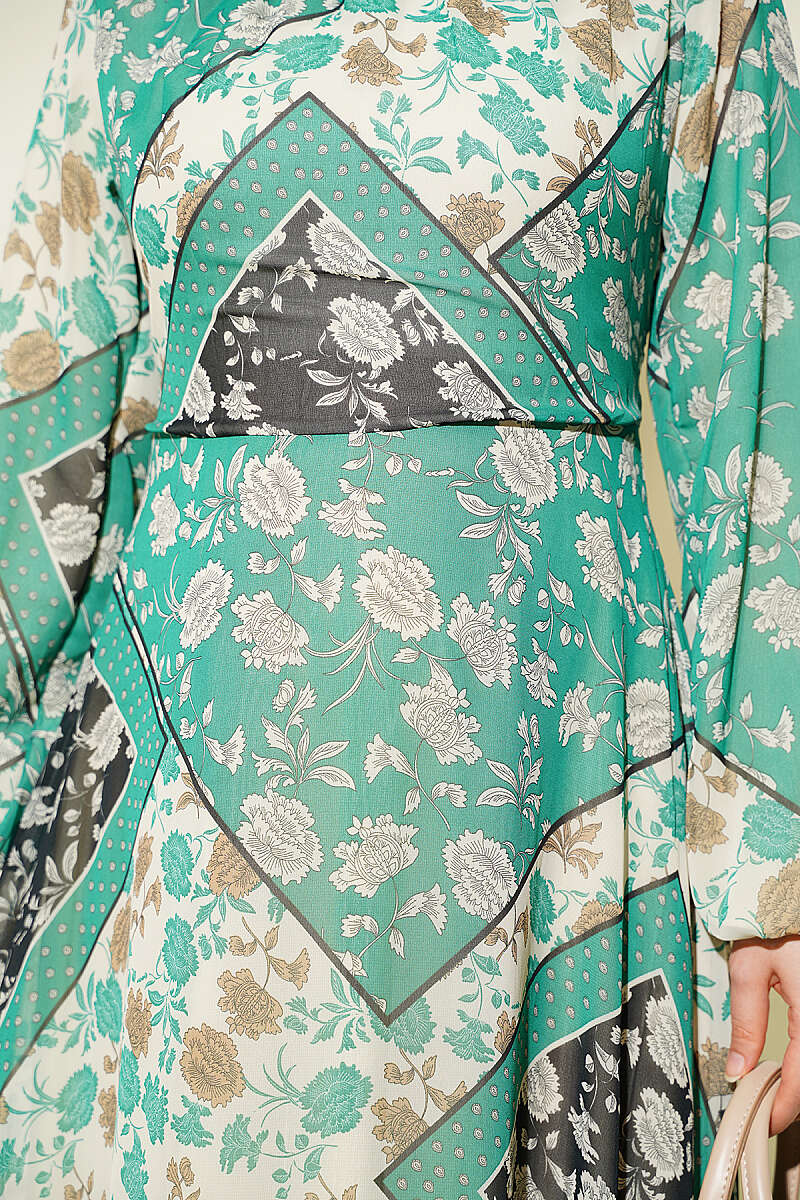Retro Patterned Chiffon Dress Green – Bild 4