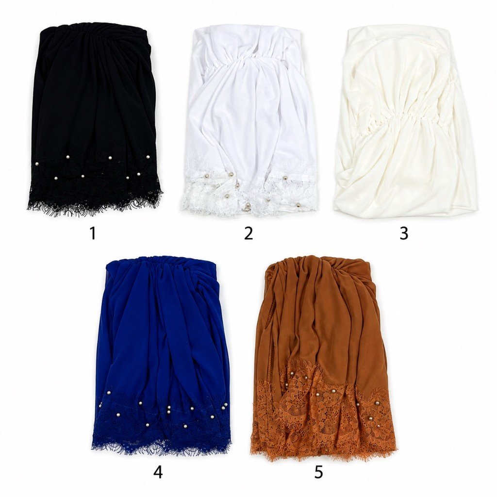 Rose Bonnet Hijab groothandel colour chart — 5 colours: Black, White, Cream, Royal Blue, Rust (1–5)