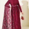 Stone Embellished Lace Shoulder Cape Evening Dress Burgundy