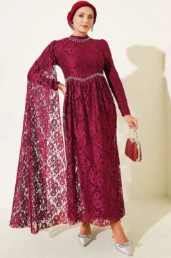 Stone Embellished Lace Shoulder Cape Evening Dress Burgundy