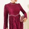 Stone Embellished Lace Shoulder Cape Evening Dress Burgundy – Image 2