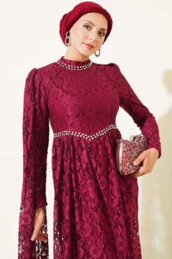 منظر بديل لـ Stone Embellished Lace Shoulder Cape Evening Dress Burgundy
