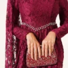 Stone Embellished Lace Shoulder Cape Evening Dress Burgundy – Image 4
