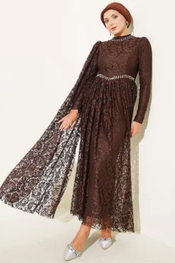 Stone Embellished Lace Shoulder Cape Evening Dress Brown
