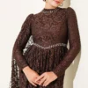 Stone Embellished Lace Shoulder Cape Evening Dress Brown – Image 2
