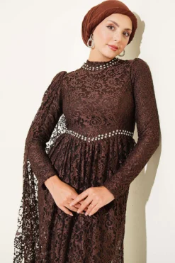 منظر بديل لـ Stone Embellished Lace Shoulder Cape Evening Dress Brown