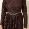 Stone Embellished Lace Shoulder Cape Evening Dress Brown – Image 4