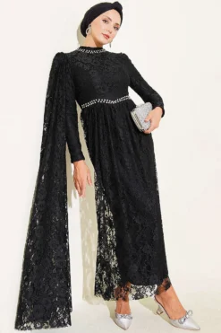 Stone Embellished Lace Shoulder Cape Evening Dress Black