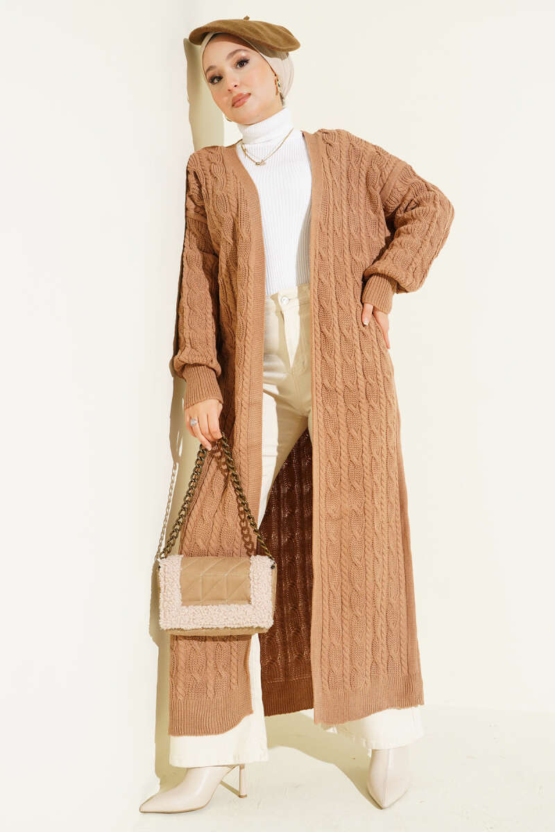 Long Knit Cardigan with Braided Detail Latte