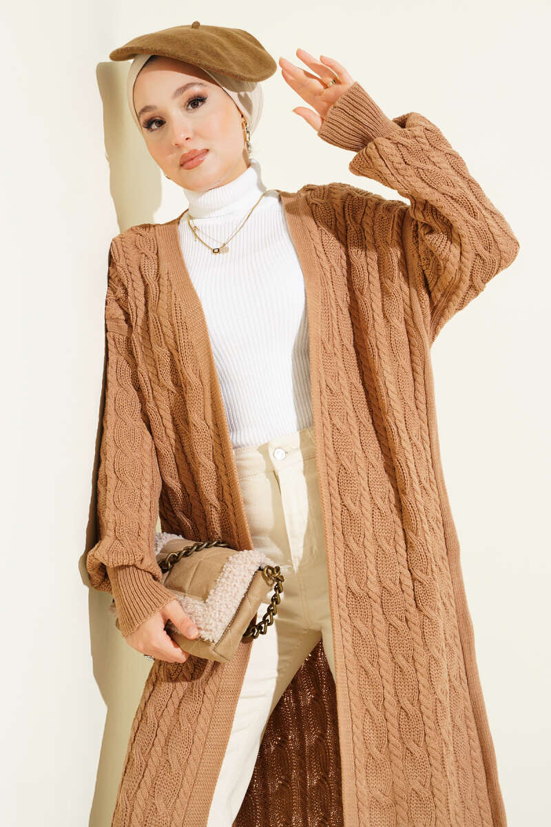 Long Knit Cardigan with Braided Detail Latte - Image 2