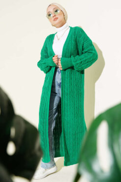 Long Knit Cardigan with Braided Detail Green