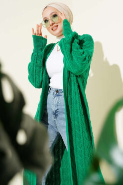 Alternative view of Long Knit Cardigan with Braided Detail Green