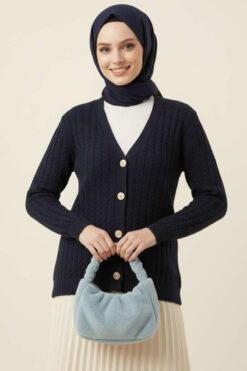 Braided Buttoned Knit Cardigan Navy Blue