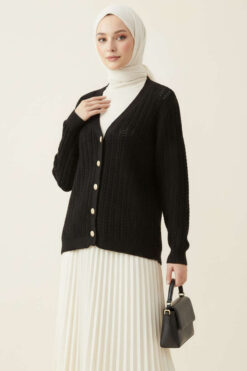 Braided Buttoned Knit Cardigan Black