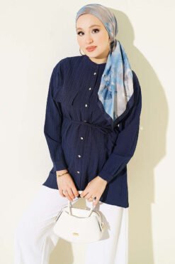 Striped Button-Up Shirt with Faux Pocket Flap Navy Blue